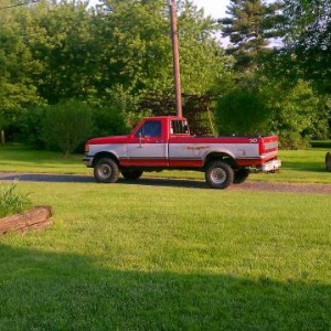 87 F-150.  All stock except
3" body
31x10.5 Truxus Swappers
40 series  flow.